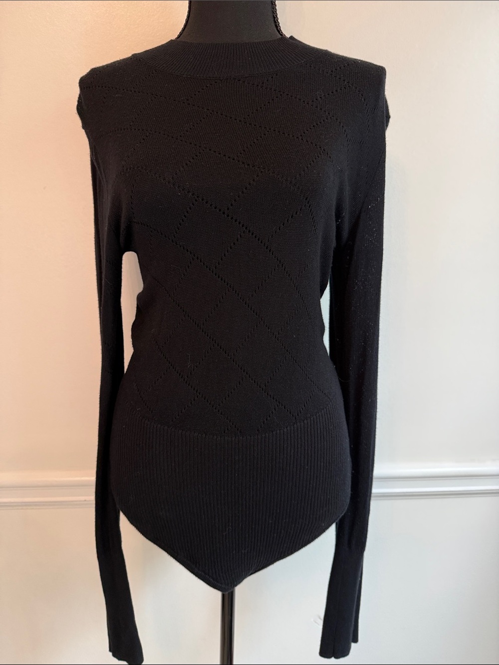 Free People Intimately Black Diamond-Point Knit Crewneck Sweater Bodysuit L